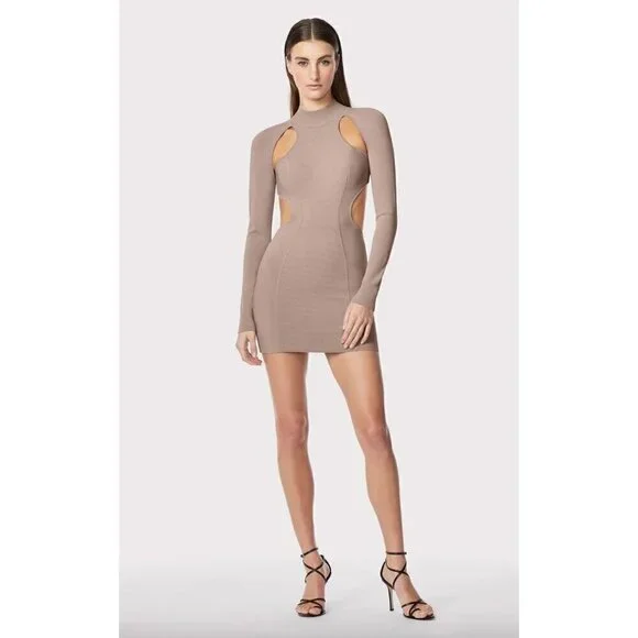 HERVE LEGER Ottoman Cutout Long Sleeve Minidress Fawn Womens Size Large - Picture 2 of 13